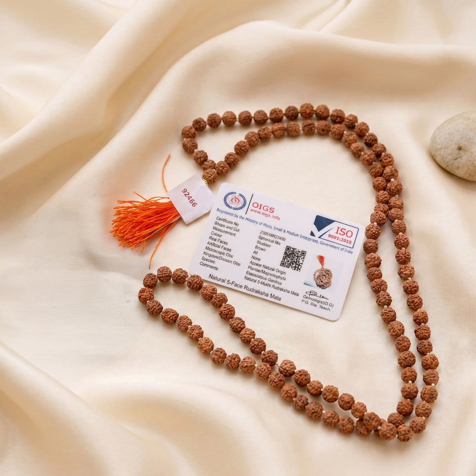 5 Mukhi Rudraksha Mala, 108 Hand Knotted Beads