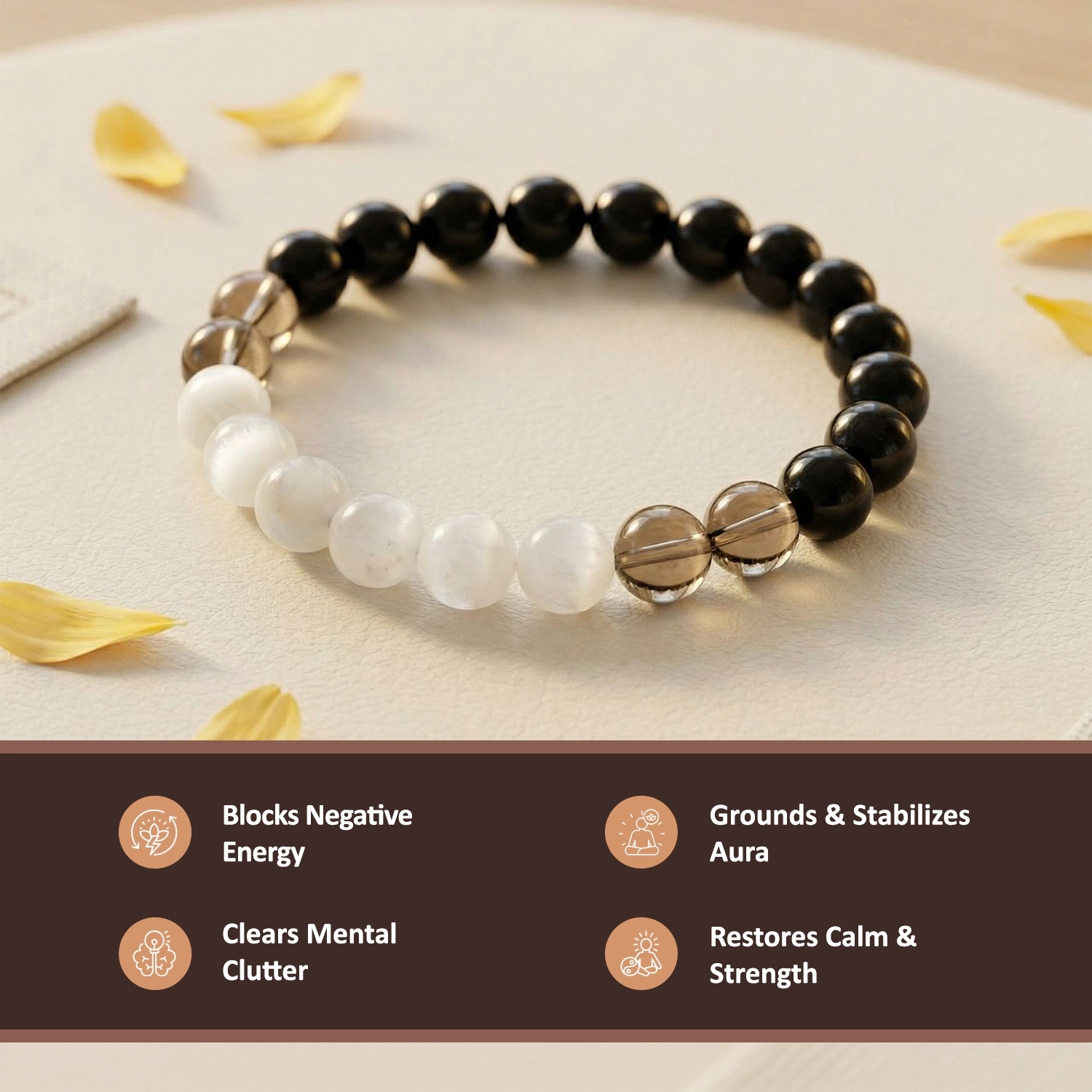 Natural Smoky Quartz, Black Tourmaline & Selenite Bracelet – Energy Shield