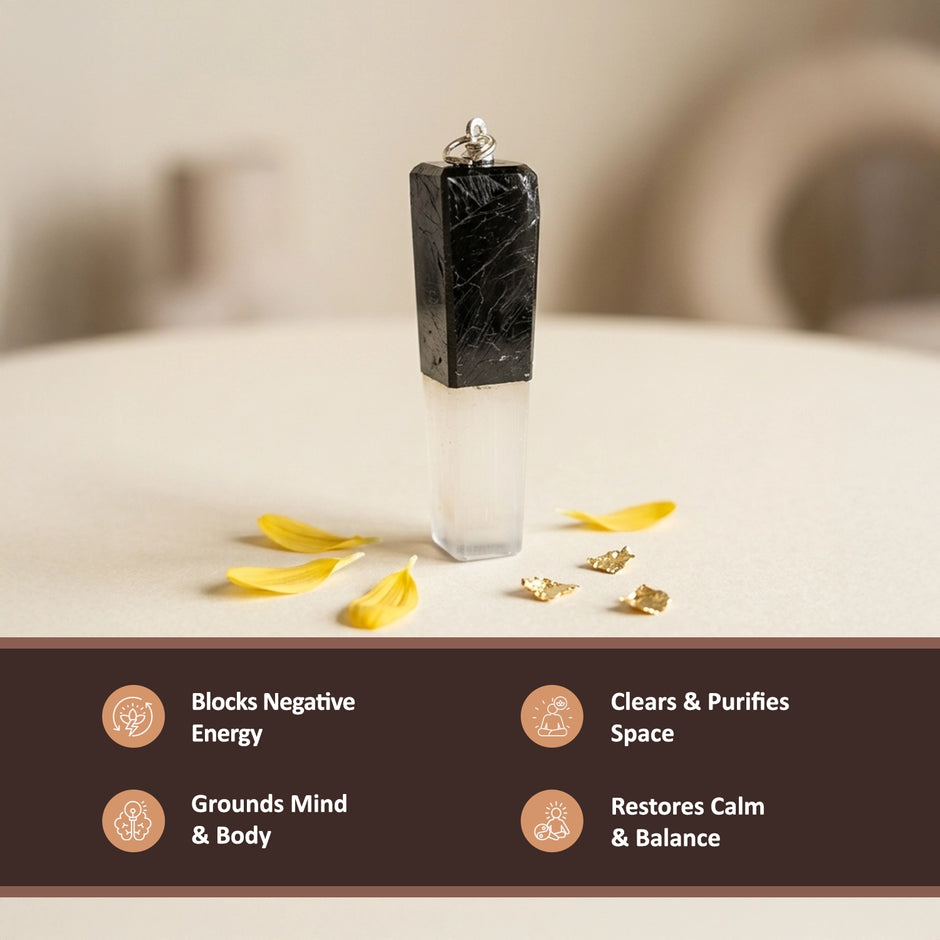 Natural Black Tourmaline & Selenite Pendant Stick – Protection & Cleansing