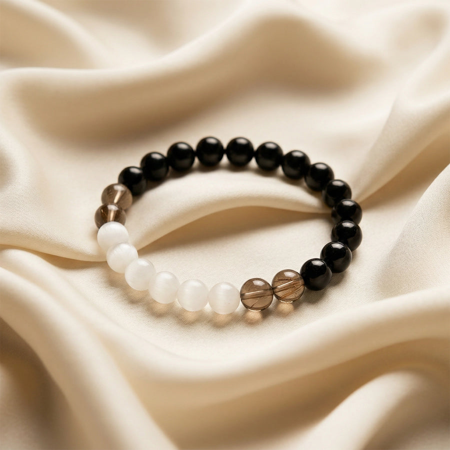 Natural Smoky Quartz, Black Tourmaline & Selenite Bracelet – Energy Shield