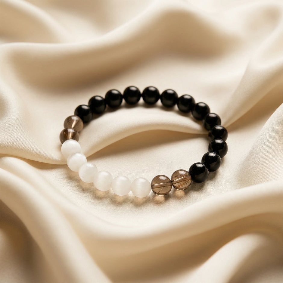 Natural Smoky Quartz, Black Tourmaline & Selenite Bracelet – Energy Shield
