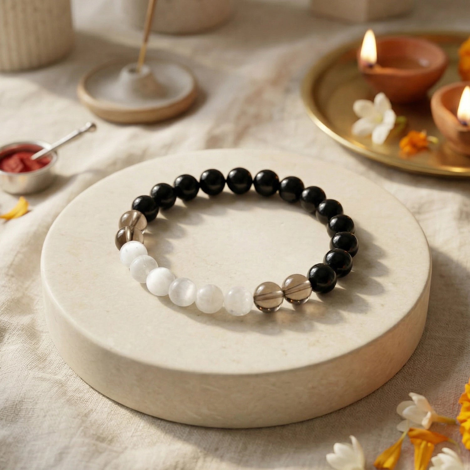 Natural Smoky Quartz, Black Tourmaline & Selenite Bracelet – Energy Shield