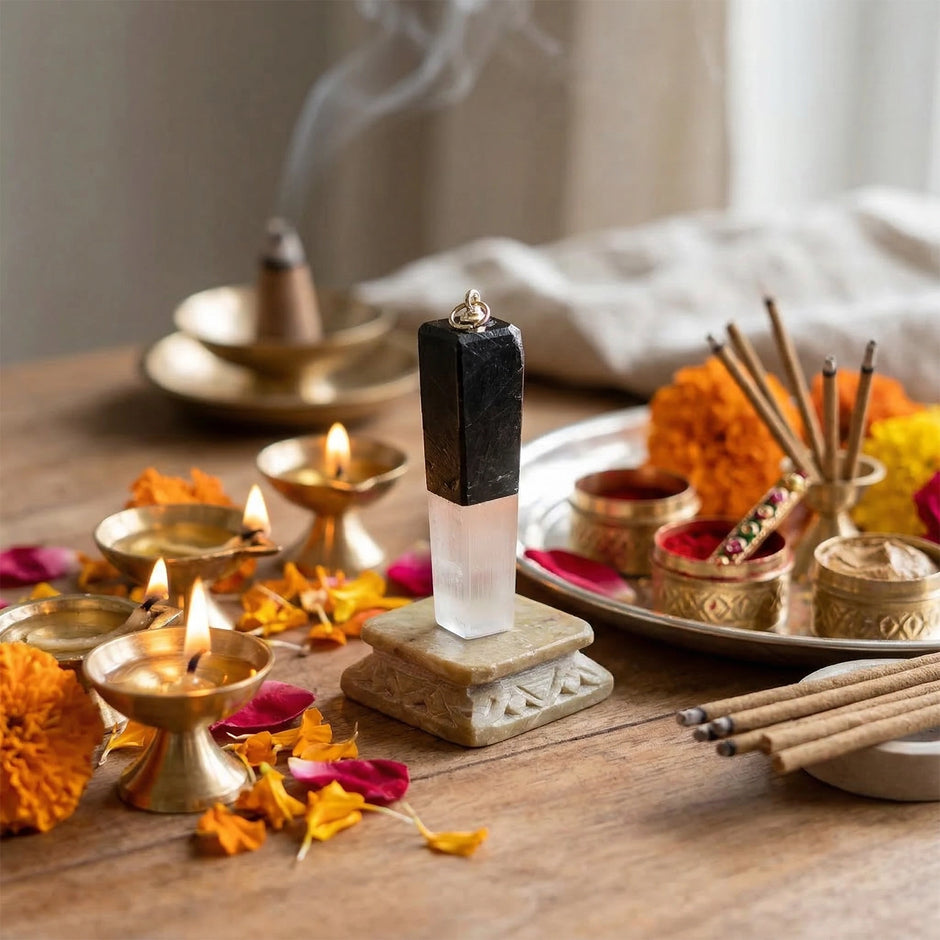 Natural Black Tourmaline & Selenite Pendant Stick – Protection & Cleansing