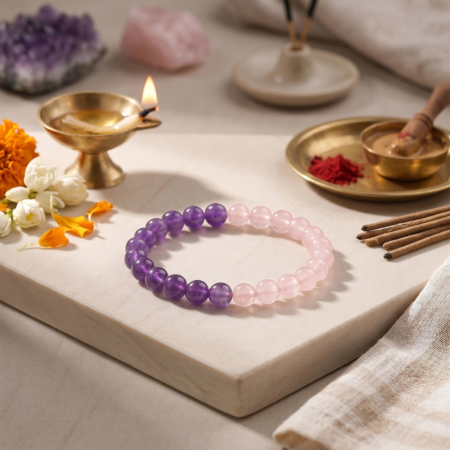 Natural Amethyst & Rose Quartz Bracelet – Divine Love & Harmony
