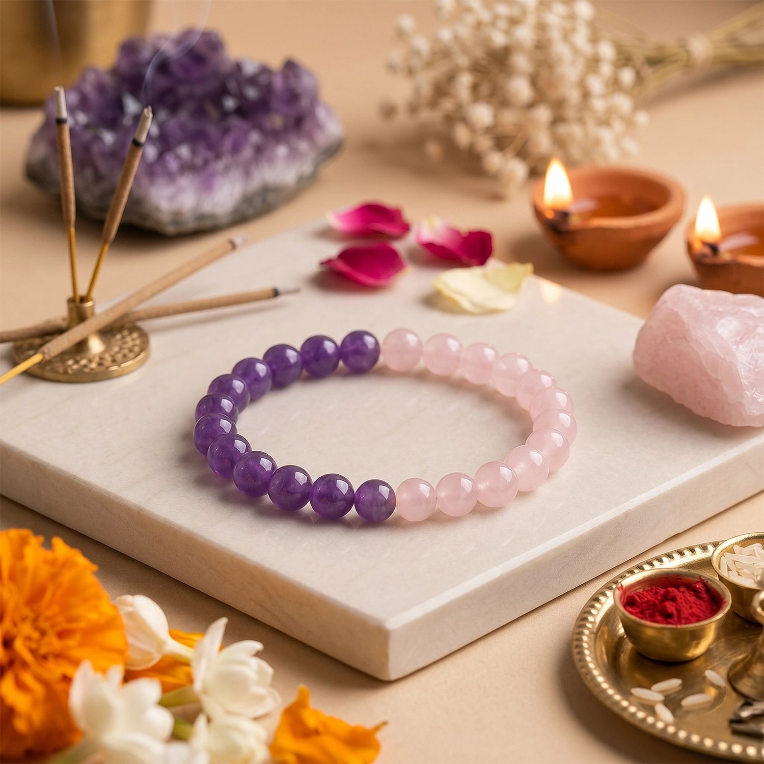 Natural Amethyst & Rose Quartz Bracelet – Divine Love & Harmony