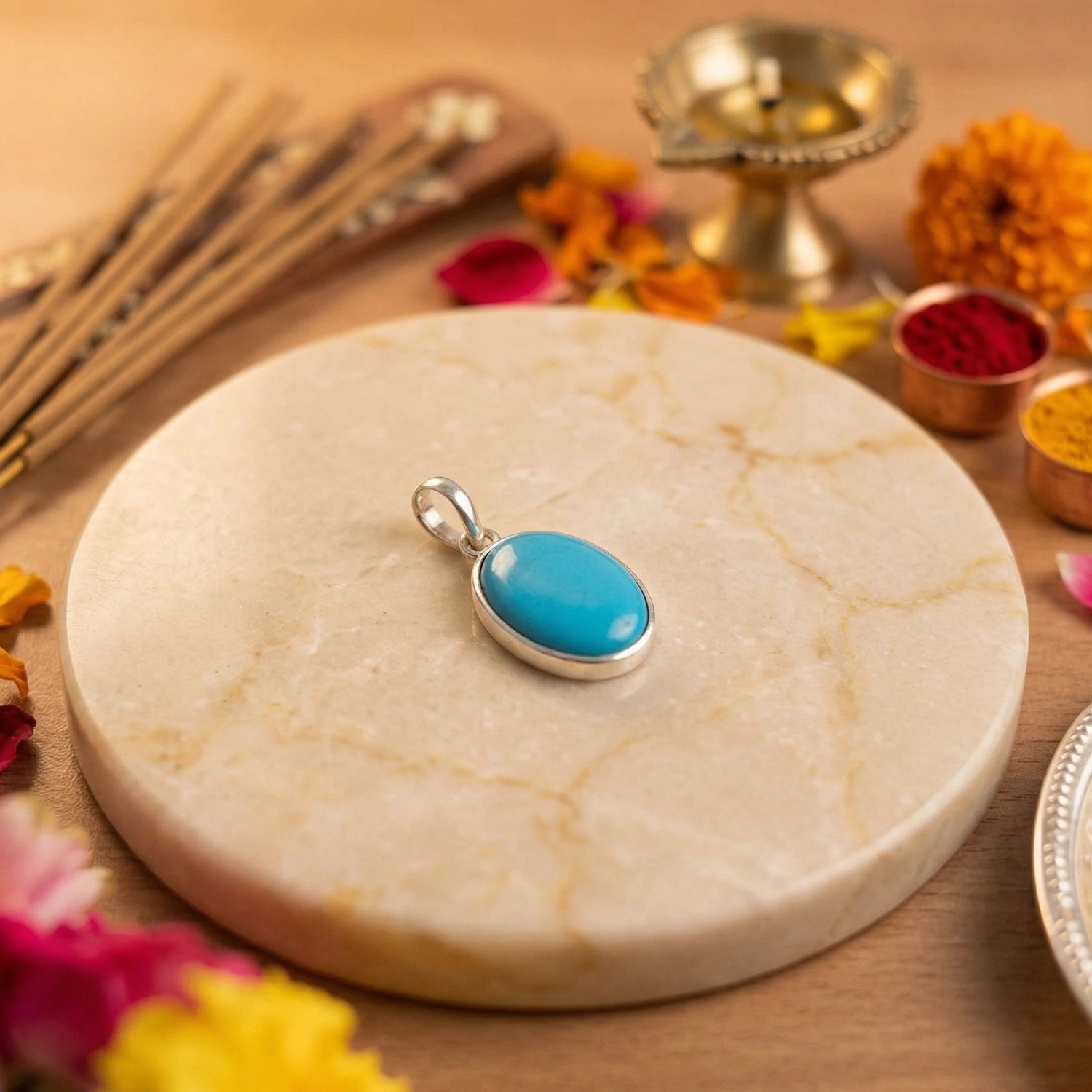 Silver Natural Turquoise  Gemstone Pendant (Silver Frame) – Protection & Healing