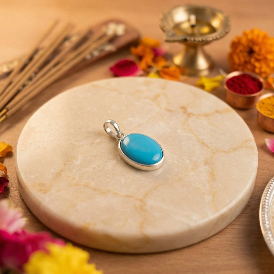 Silver Natural Turquoise  Gemstone Pendant (Silver Frame) – Protection & Healing