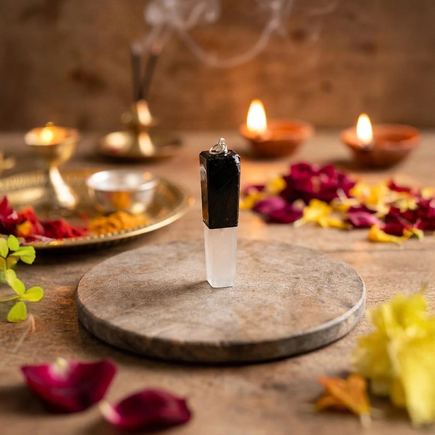 Natural Black Tourmaline & Selenite Pendant Stick – Protection & Cleansing