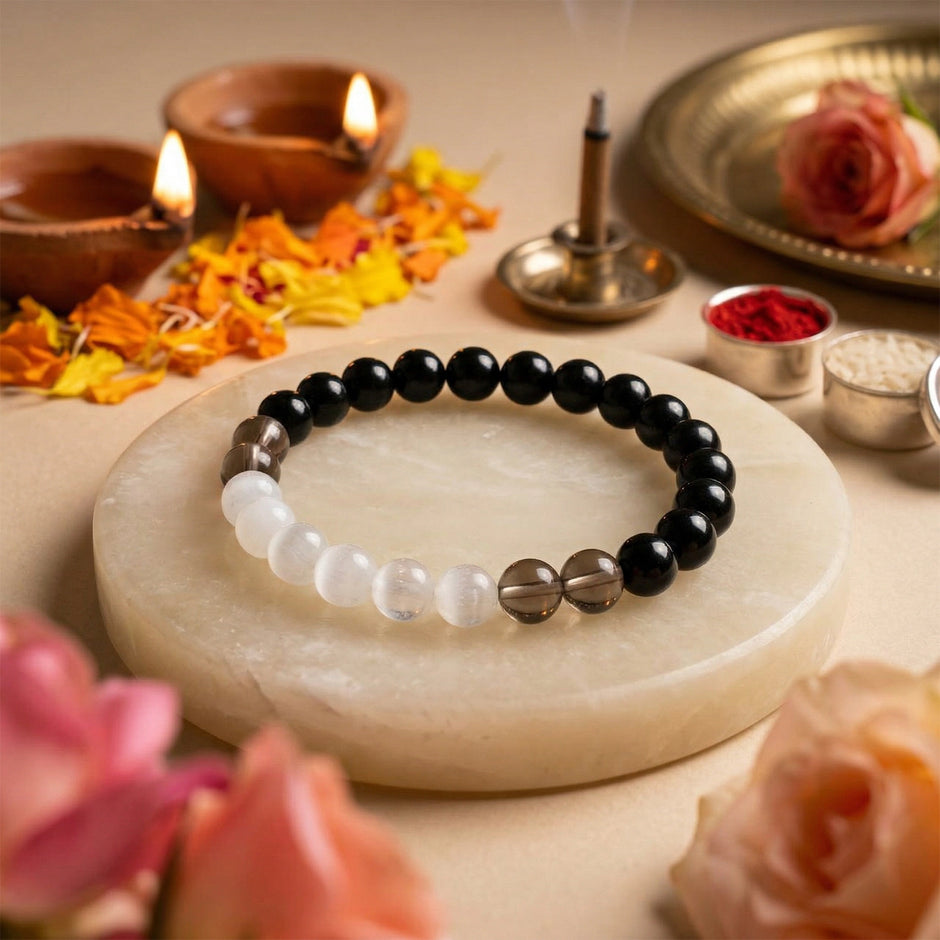 Natural Smoky Quartz, Black Tourmaline & Selenite Bracelet – Energy Shield
