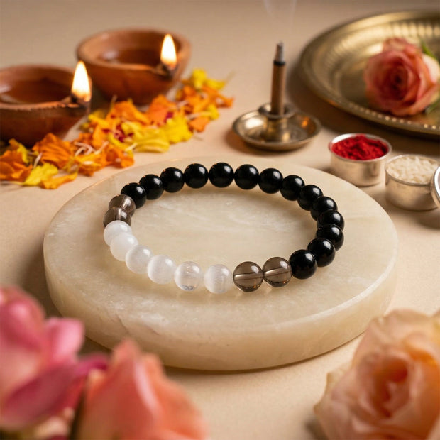 Natural Smoky Quartz, Black Tourmaline & Selenite Bracelet – Energy Shield