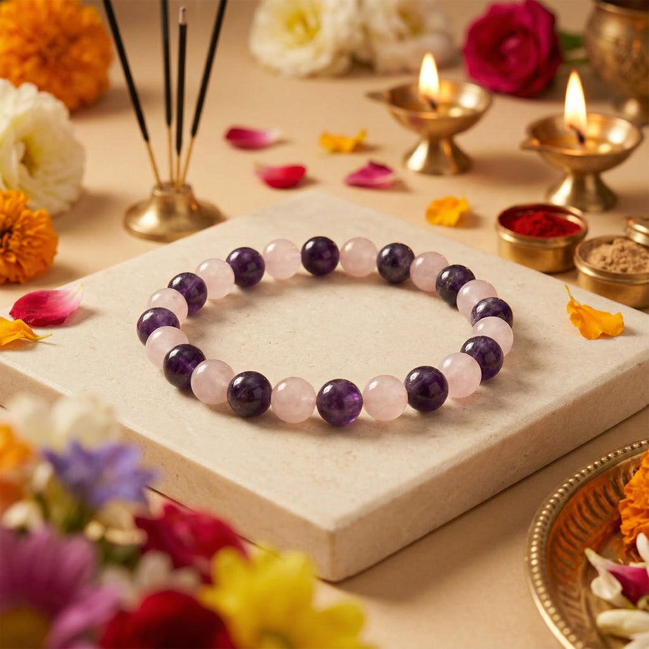 Natural Amethyst & Rose Quartz Bracelet – Divine Love & Harmony